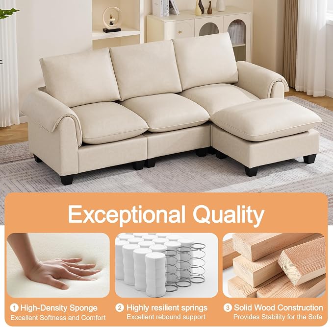 96" Faux Leather Modular Sectional Sofa with Movable Ottoman, Oversized 3 Seater Couch with Curved Armrests, Cloud Modern L-Shaped Sofa Deep Seat for Living Room, Beige