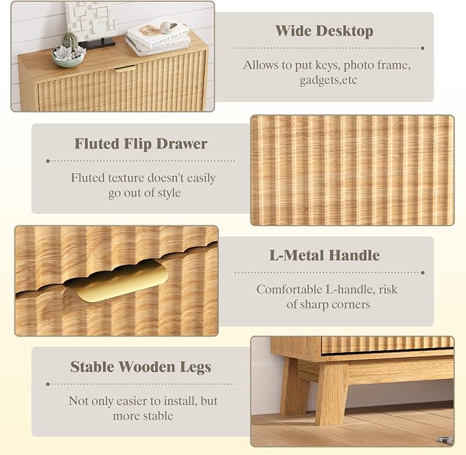 HUANLEGO Shoe Cabinet Storage for Entryway with 2 Flip Drawers, Fluted Narrow Shoe Organizer with Wooden Legs, Freestanding Slim Shoe Storage Hidden Shoe Rack Organizer for Front Door Entrance, Oak