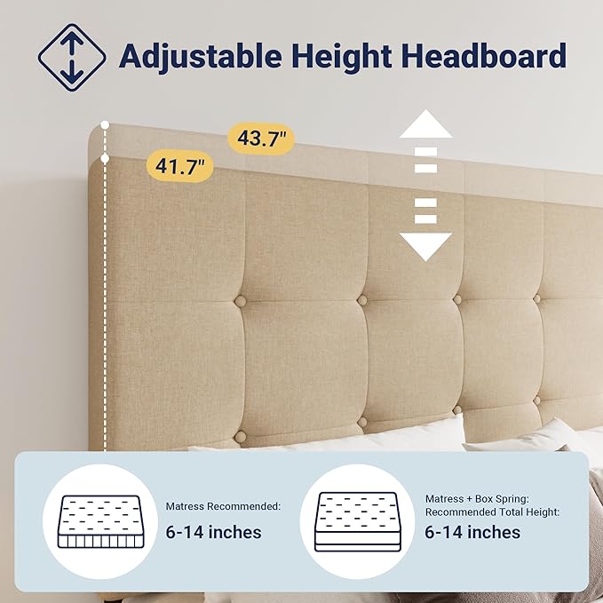 Allewie Upholstered King Size Platform Bed Frame with 4 Storage Drawers and Headboard, Square Stitched Button Tufted, Mattress Foundation with Wooden Slats Support, No Box Spring Needed, Beige