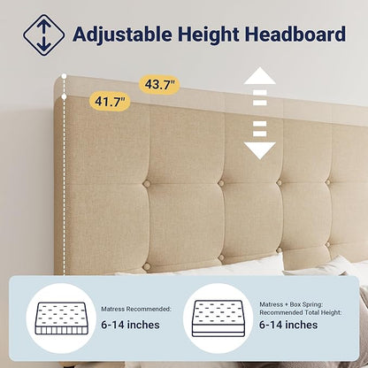 Allewie Upholstered King Size Platform Bed Frame with 4 Storage Drawers and Headboard, Square Stitched Button Tufted, Mattress Foundation with Wooden Slats Support, No Box Spring Needed, Beige