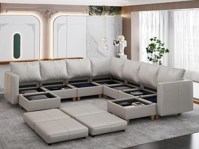 EASE MOOSE Leather Sectional Couch Sofa with Storage,Faux Leather Modualr Sectional Sofa Brown U Shaped Modular Couch,Whitesand