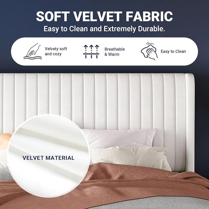 Allewie King Size Velvet Bed Frame/Vertical Channel Tufted Wingback Headboard/Upholstered Platform Bed/No Box Spring Needed/Strong Wooden Slats/Easy Assembly/White