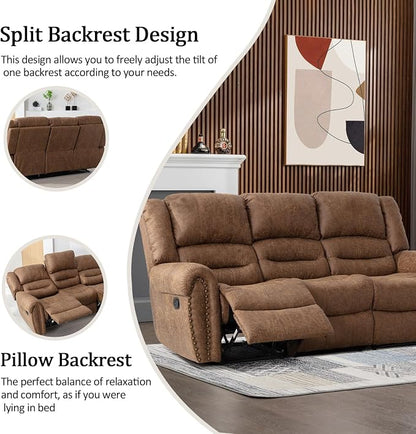 CANMOV Faux Leather Manual Recliner Sofa Set, 2 Recliner Chair and a 3-Seat Sofa for Living Room,Bedroom Furniture, Office,Nut Brown