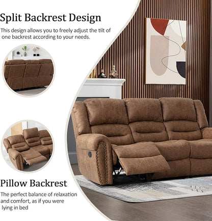 CANMOV Faux Leather Manual Recliner Sofa Set,Manual Reclining Sofa and Recliner Loveseat with Overstuffed Armrest for Living Room,Bedroom Furniture,Office,Nut Brown
