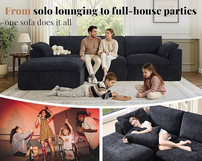 Jocisland 120" Cloud Modular Sectional Sofa, No-Assembly Oversized Chenille Couch with 76.4" Extra-Deep Chaise, Modern Black Cloud Couch for Living Room
