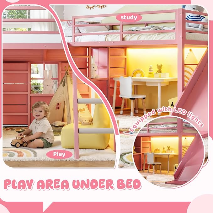 Bellemave Twin Loft Bed with Slide & Ladder, Metal Kids Loft Bed with Storage Drawers & LED Lights, Low Loft Bed Twin Size with Wood Wardrobe & Bookcase, Loft Bed for Kids Teens, Pink