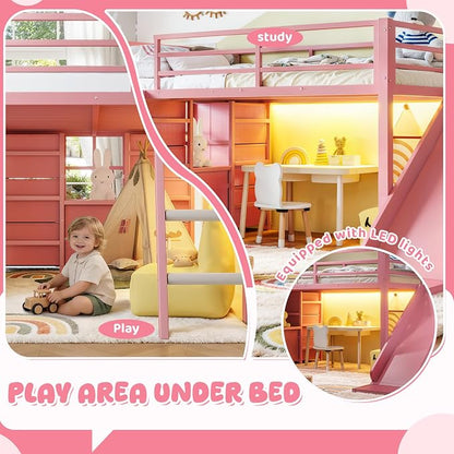 Bellemave Twin Loft Bed with Slide & Ladder, Metal Kids Loft Bed with Storage Drawers & LED Lights, Low Loft Bed Twin Size with Wood Wardrobe & Bookcase, Loft Bed for Kids Teens, Pink
