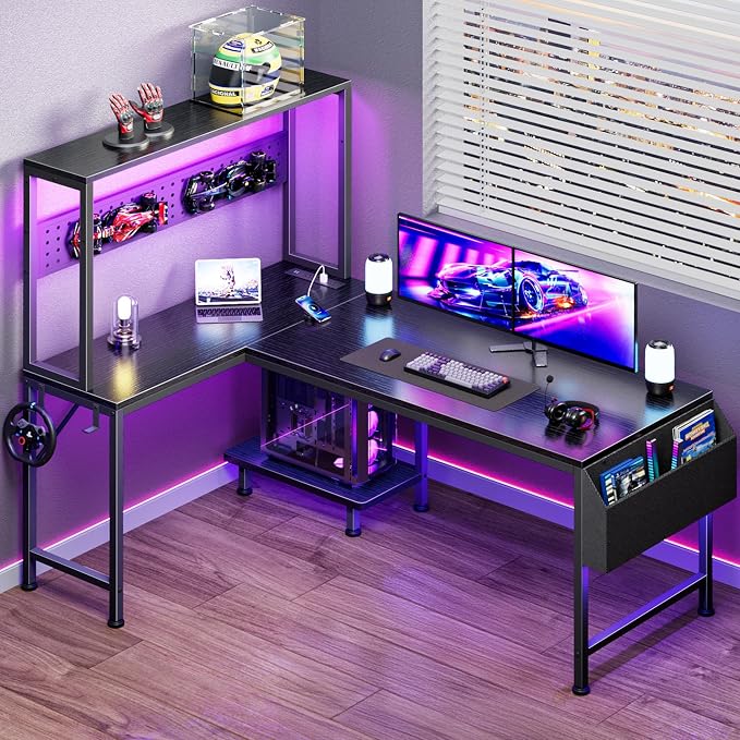 PRAISUN L Shaped Gaming Desk with LED Lights & Power Outlets, Reversible Computer Desk with Storage Shelves & Bag, Large Corner Home Office Desk with Pegboard for Work from Home, Black
