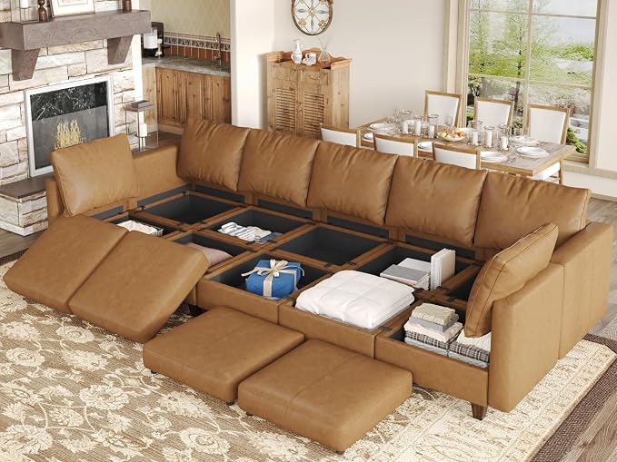 EASE MOOSE Faux Leather Sectional Sleeper Modular Sofa Modular Couch with Storage, Convertible Faux Leather Modular U Sectional Sleeper Sofa Couch Brown