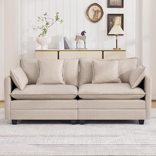 76'' Cloud Deep Seat Loveseat, Upholstered Leather Modular 2-Seats Sectional Sofa Couch, Modern Comfy Settee Loveseat for Living Room Set, Small Apartment, Leather Beige