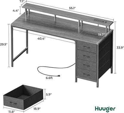 Huuger 55 Inch Computer Desk with Power Outlets and LED Lights, Gaming Desk with 4 Drawers, Office Desk with Monitor Stand, Study Work, Home Office, Gray