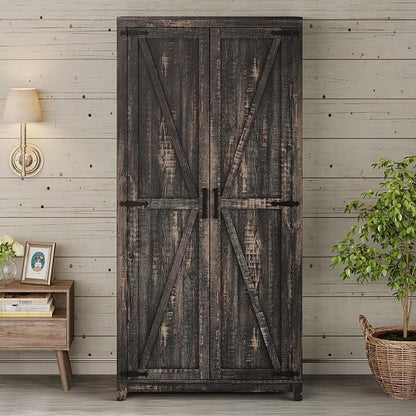 AMERLIFE Set of 2 Farmhouse Armoire Wardrobe Closet with 2 Barn Doors, 71'' Storage Cabinet with Shelf & Hanging Rod, Versatile Clothing Storage for Bedroom, Black Oak