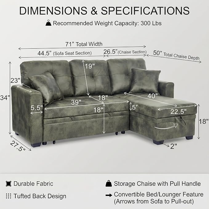 TYBOATLE Convertible Sofa Bed Couch with Reversible Storage Chaise, 71" L Shaped Pull Out Couch Bed, Comfy Linen Fabric Sleeper Sofa for Living Room, Apartment & Guest Room (Green)