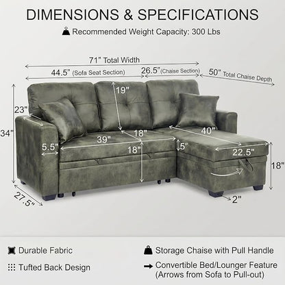 TYBOATLE Convertible Sofa Bed Couch with Reversible Storage Chaise, 71" L Shaped Pull Out Couch Bed, Comfy Linen Fabric Sleeper Sofa for Living Room, Apartment & Guest Room (Green)