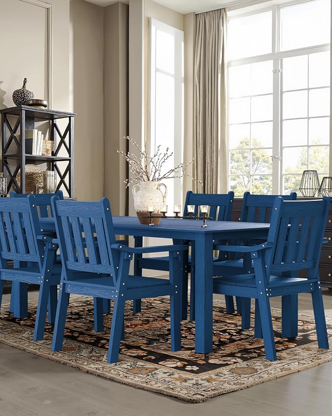 YEFU HIPS Patio Table Set: 7 Piece Outdoor Table and Chairs Dining Furniture Set with Umbrella Hole - Blue Modern Plastic Dining Sets 6 Person for Outside Deck with Metal Aluminum Frame