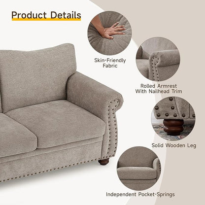 ONBRILL Nailhead Sofa, 66 Inch Small Couch with Rolled Arms, Chenille Fabric Loveseat w/Springs Seat Cushion, Vintage Curved Back, Turned Wood Legs, Comfy Couch for Living Room, Farmhouse, Beige