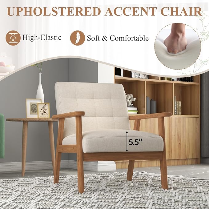 Mid-Century Accent Chairs Set of 2, Solid Wood for Living Room, Beige Linen | Relaxing Arm Chair with Soft Thicken Cushion, Comfy Reading Chair for Bedroom, Balcony, Natural Legs, Easy to Setup