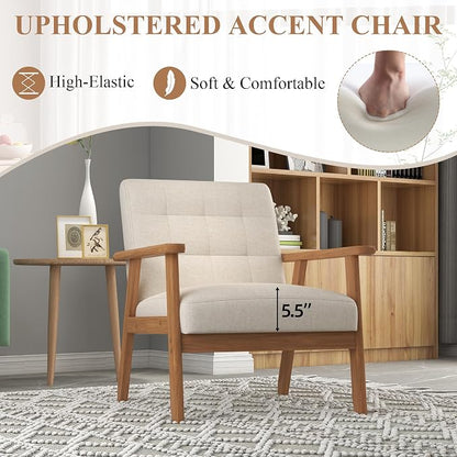 Mid-Century Accent Chairs Set of 2, Solid Wood for Living Room, Beige Linen | Relaxing Arm Chair with Soft Thicken Cushion, Comfy Reading Chair for Bedroom, Balcony, Natural Legs, Easy to Setup