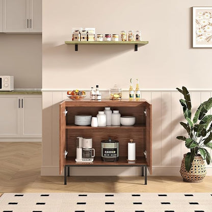 BVIUNTWO Storage Cabinet, Modern Coffee Bar with Adjustable Shelf and Metal Base, 32 Inch Wood Multifunctional Console Table for Kitchen, Living Room, Entryway, Brown