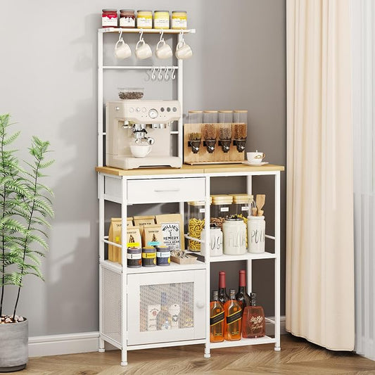 SWTYMIKI Coffee Bar with Hanging Rack - Farmhouse Coffee Stand Station Multi-Purpose Buffet Sideboard Cabinet with Drawers - Kitchen Bar Table for Living Room, Corner, Small Space, Natural