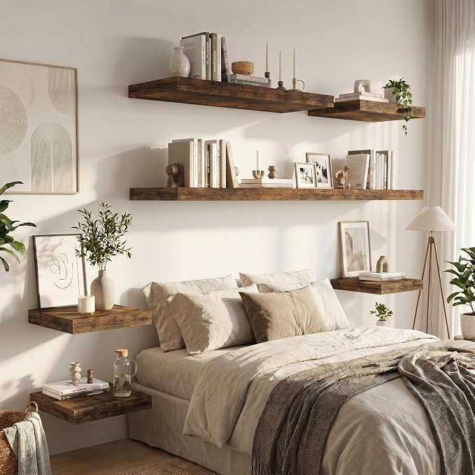 Vivelove 12" Deep Floating Shelves for Wall 36" Long, Wall Shelves for Bedroom Living Room Bathroom Kitchen Laundry Room, Farmhouse Rustic Shelves for Home Decor, 36" X 12" X 2" Set Of 2, Rustic Brown