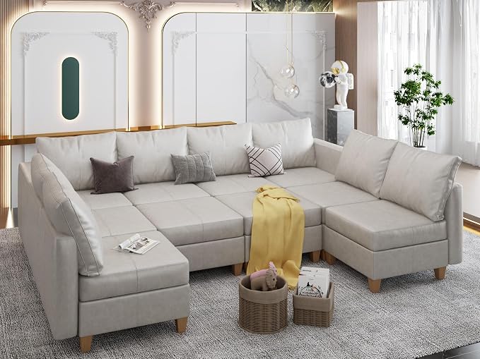 EASE MOOSE Modualr Sectional Couch U Shaped Sofa with Storage Ottomans, Gray Faux Leather Sectional Sofa Modular Couch，Whitesand