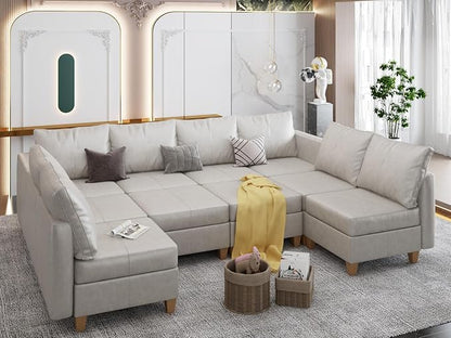 EASE MOOSE Modualr Sectional Couch U Shaped Sofa with Storage Ottomans, Gray Faux Leather Sectional Sofa Modular Couch，Whitesand