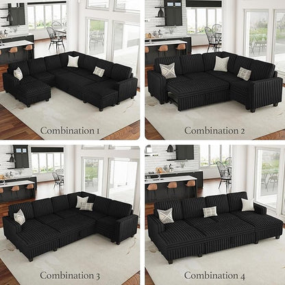 Belffin Corduroy Sectional Sleeper Sofa with Pull Out Bed Modular Sectional Loveseat Sofa Bed for Living Room Black Couch