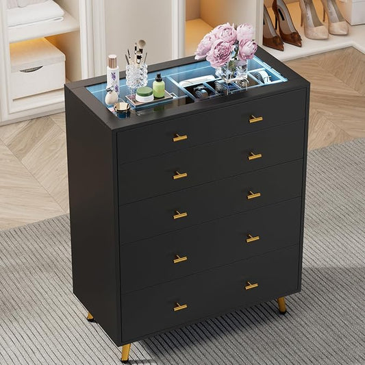 Closet Island with LED Lights, 38" H Tall Tempered Glass Top Dresser, Modern Wood Wardrobe Closet Island for Bedroom, Living Room, Black