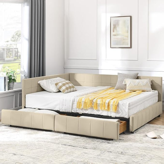 Bellemave Full Size Corner Bed Frame with Storage Drawers, Comfortable Backrest and Armrests, Velvet Tufted Corner Bed Frame Full Size, Upholstered Daybed for Bedroom, Living Room, Guest Room, Beige