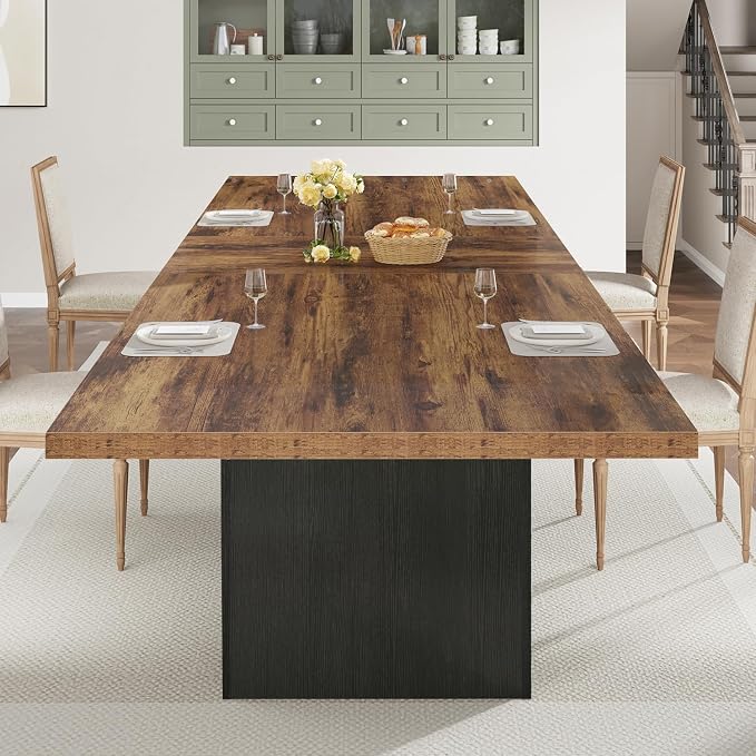 HSH Dining Table for 6 to 8, 71” Wood Rectangular Dinner Table, 6 ft Industrial Kitchen Table only with Black Pedestal, Modern Large Dining Room Table for Home Gathering Office, Rustic Brown, 71 Inch