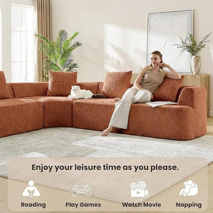123" Curved Modular Sectional Sofa for Living Room, Oversized Chenille Cloud Couch, L-Shaped Boneless Sofa with Chaise Lounge, Compressed Couch Deep Seat, No Assembly (Rust, L-Shape Left Chaise)