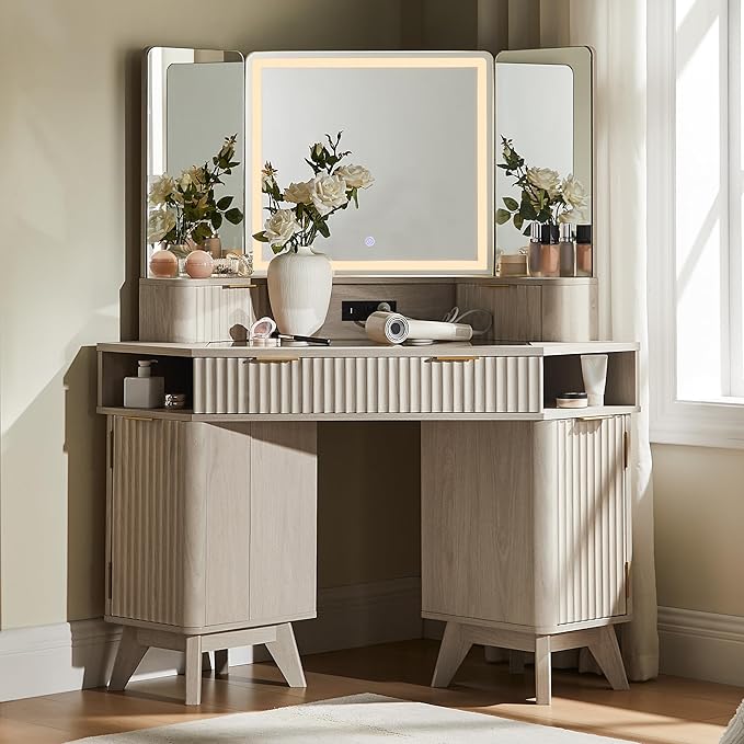 T4TREAM Fluted Makeup Vanity Desk with 3 Way Mirror and Lights, 48" Large Corner Vanity Table with Glass Top, Charging Station, 3 Drawers, Storage Cabinets & Shelves, for Bedroom, White Alder