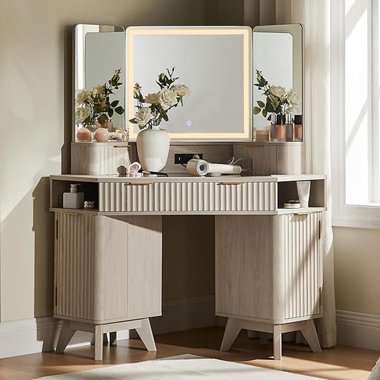 T4TREAM Fluted Makeup Vanity Desk with 3 Way Mirror and Lights, 48" Large Corner Vanity Table with Glass Top, Charging Station, 3 Drawers, Storage Cabinets & Shelves, for Bedroom, White Alder