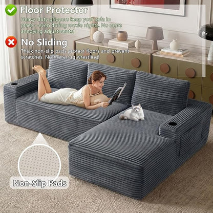 104.3" Modular Sectional Sofa,Modern Corduroy Cloud Couch with Cup Holder & Side Pockets,Boneless Couch Upholstered 4-Seater L-Shaped Sofa for Living Room,No Assembly (Dark Grey, Right-Facing Chaise)