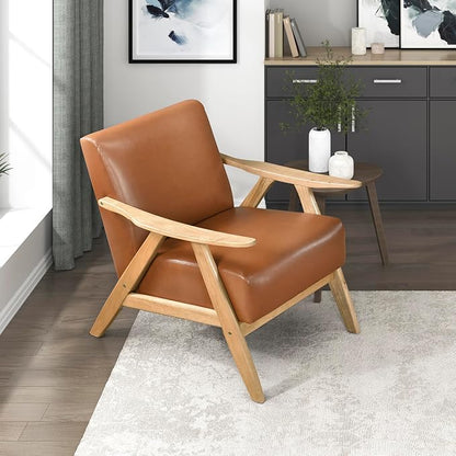 Lexicon Mid Century Modern Accent Chair with Solid Wood Frame in Natural Finish, Faux Leather Living Room Lounge Arm Chair, Thick and Comfy Innerspring Seat Cushion, Brown