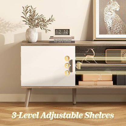 SUPERJARE TV Stand for 55 Inch TV, Entertainment Center with Adjustable Shelf, 2 Cabinets, TV Console Table, Media Console, Solid Wood Feet, Cord Holes, for Living Room, Bedroom, Gray and White