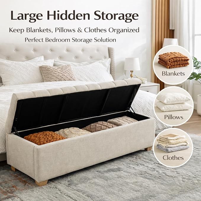 60.2" Storage Bench, End of Bed Storage Benches, Chenille Fabric Upholstered Ottoman Bench with Safety Hinge for Living Room Entryway Bedroom Hallway
