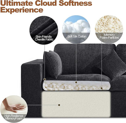 146''Cloud Boneless Sectional Couch, Modular Sectional Sofa Deep Seat, Oversized Upholstered Convertible Comfy 4 Seater Chenille Memory Foam Sofa Couches for Living Room, Dark