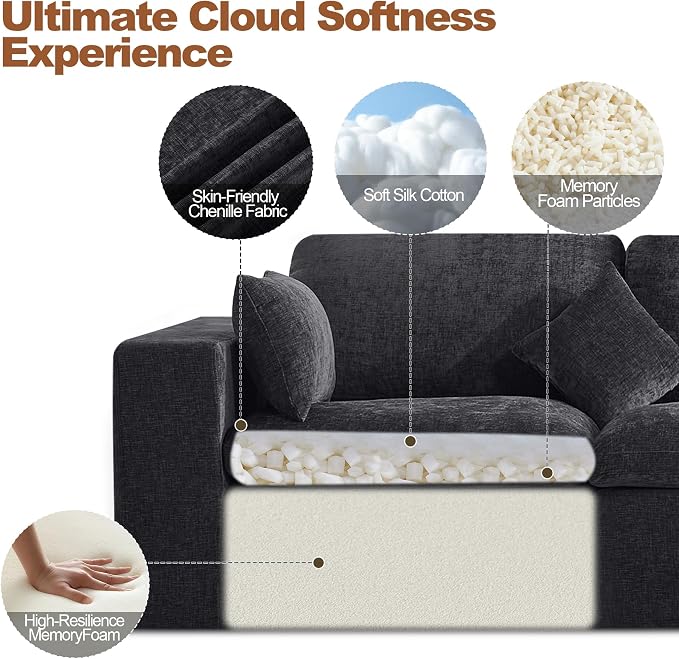 146''Cloud Boneless Sectional Couch, Modular Sectional Sofa Deep Seat with Ottoman, Oversized Upholstered Convertible Comfy 5 Seater Chenille Sofa L Shape Couches for Living Room, Dark