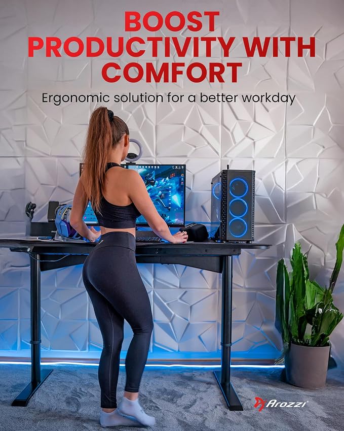 Arozzi Arena Moto Gamer Desk - 63x32” Electric Standing PC Gaming Desk with Storage for Cables - Dual Motor Steel Frame & Full-Surface Washable Mousepad - Pure Black