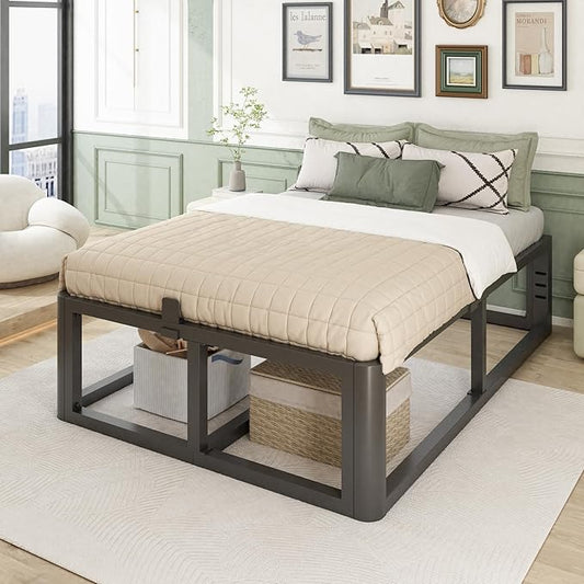Bilily Metal Heavy Duty 18 inch King Bed Frame with Rounded Corner and Headboard Hole Mattress Retainers 3500 LBS No Box Spring Needed Platform Noise Free Easy Assembly