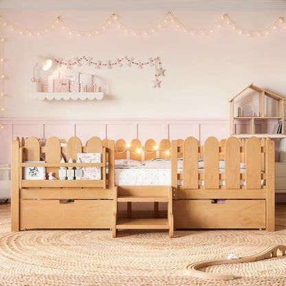 Bellemave Queen Kids Montessori Bed with Stairs, Bookshelf and LED Lights, Solid Wood Kids Bed Frame with Storage Drawers for Boys Girls, Low Profile,Natural
