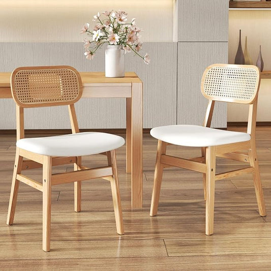 ROCITY Rattan Dining Chairs Set of 2 White Faux Leather Dining Room Chairs Natural Wooden Kitchen Chairs Farmhouse Side Chairs