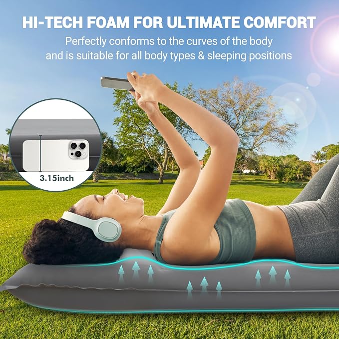 Elegear CumbreX™ Self Inflating Sleeping Pad, Built-in Electric Pump 3.15" Ultra-Thick Memory Foam Camping Mattress with Pillow Foam Sleeping Pad for Camping R-Value 9.5 Foam Camping Pad for Travel