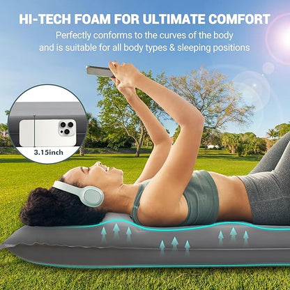 Elegear CumbreX™ Self Inflating Sleeping Pad, Built-in Electric Pump 3.15" Ultra-Thick Memory Foam Camping Mattress Pad with Pillow Double Sleeping Pad for Camping R-value 9.5 Foam Camp Pad for Travel