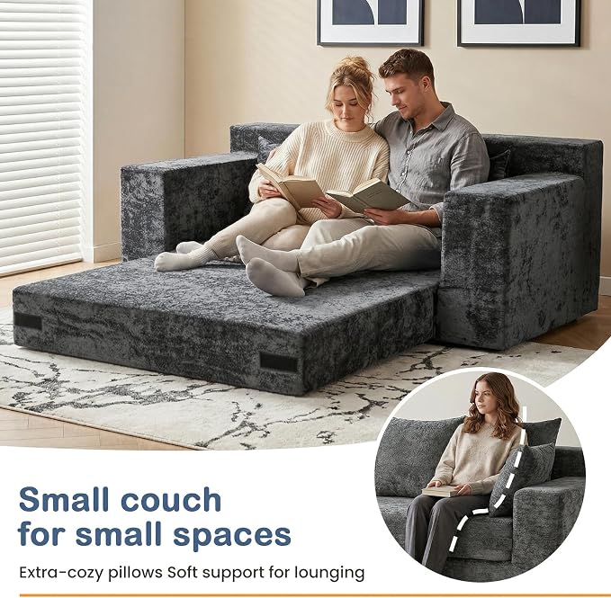 Boneless Loveseat Sleeper Sofa Bed, 3-in-1 Convertible Sofa Bed and Floor Futon Couch (Velvet-Grey, Loveseat (55"))