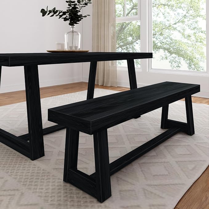 Plank+Beam 60 Inch Farmhouse Dining Bench, Solid Wood Entryway Bench, Wooden Outdoor Bench, Kitchen Dining Seat, Dining Room, Home Office, Living Room Furniture, Easy Assembly, Black Wirebrush