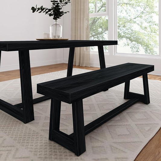Plank+Beam 60 Inch Farmhouse Dining Bench, Solid Wood Entryway Bench, Wooden Outdoor Bench, Kitchen Dining Seat, Dining Room, Home Office, Living Room Furniture, Easy Assembly, Black Wirebrush