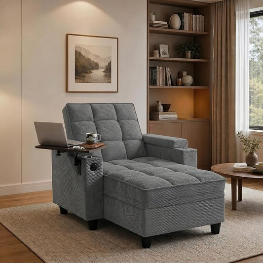 Convertible Sleeper Chair, Pull Out Sofa Bed with Adjustable Backrest & Hidden Storage Armrest, Single Sofa Recliner with USB Charging Port & Cup Holders for Living Room, Bedroom, Dark Gray